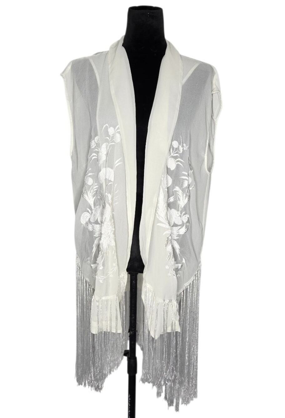 Echo & Rage XL Ivory Sheer Embroidered Fringe Vest Kimono Boho Duster Festival - Picture 1 of 9
